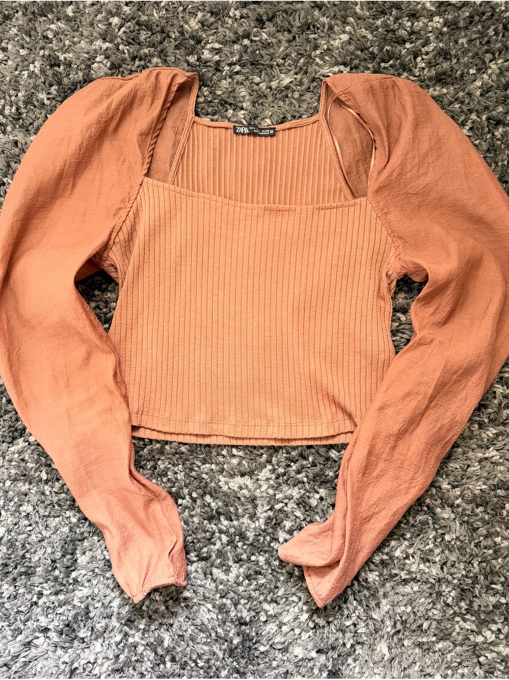 Zara Ribbed Square-Neck Puff-Sleeve Crop Top